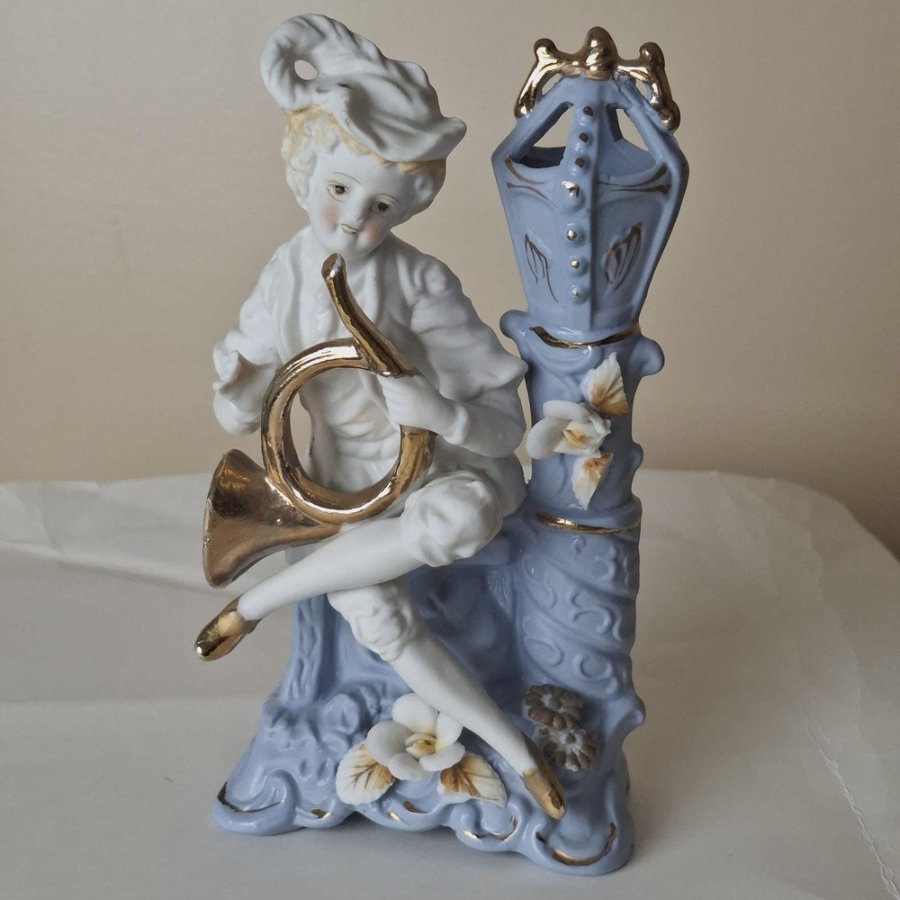 Ucagco Figurine Bud Vase 7in Blue Vtg Musician Boy Horn Gold Trim Japan
